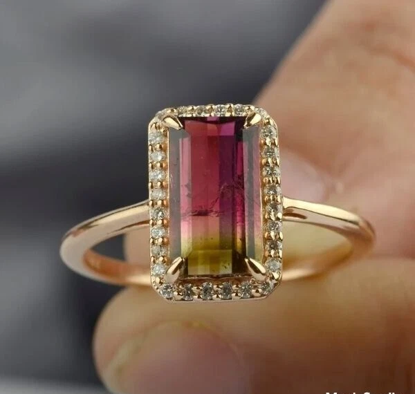 Anillo Esmeralda Art Deco Sandía Natural Bicolor Plata Esterlina Placa Oro 18k Foto 2 de 4