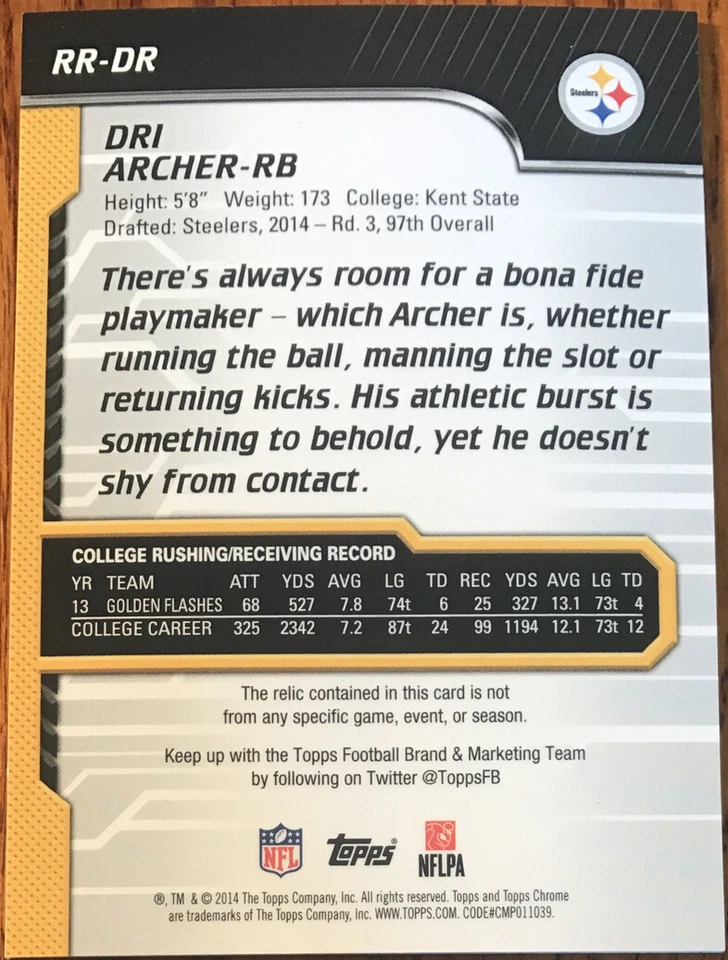 2014 Topps Chrome Rookie Relics Dri Archer RR-DR Pittsburgh Steelers - Image 2 of 2