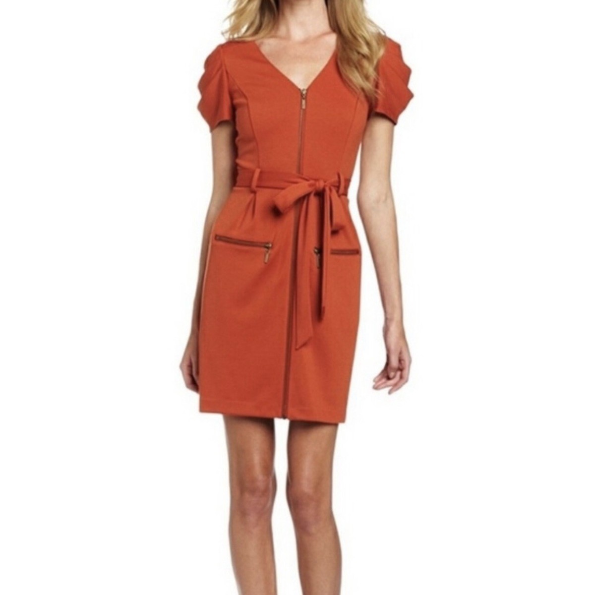 orange zip front dress Herv Lger Zip-front bandage dress (4.015 HRK) found on Polyvore featuring women's fashion, dresses, orange, orange dress, viscose dress, zipper front dress, bandage dress and bandage cocktail dresses