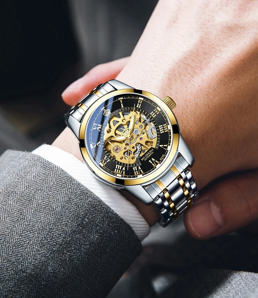 时尚男式骨架自上发条自动机械手表蒸汽朋克金色-黑色 — 第 4/4 张图片