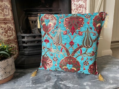Turquoise Chenille Cushion Cover, Floral Throw Pillow, Boho Home Decor  40x40cm UK