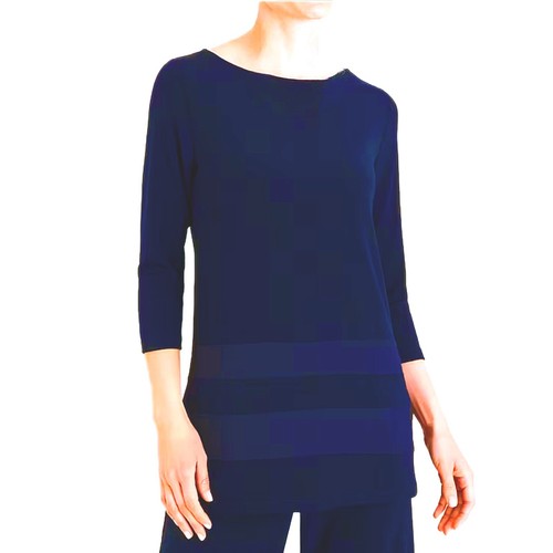 CHICO’S TRAVELERS Navy Blue 3/4 Sleeve Slinky Knit Top with Mesh Insets Size O S - Picture 2 of 8