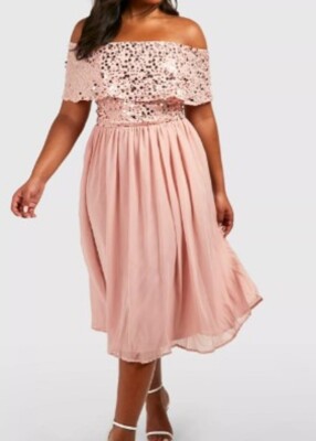 WOMEN PLUS SIZE BARDOT EMBELLISHED LINED TAUPE BLUSH MIDI DRESS ( SIZE UK18 )