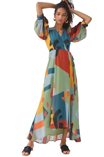 Anthropologie Blue Green Geometric Cotton Maxi Dress-S-$88 | eBay