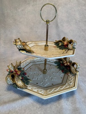 Fitz & Floyd Snowy Woods 2 Tier Christmas Serving Tray Gold Bow Holly Vintage