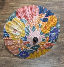 Thailand Parasol Umbrella Handmade Rice Paper Painted Floral Crane Bamboo VTG
