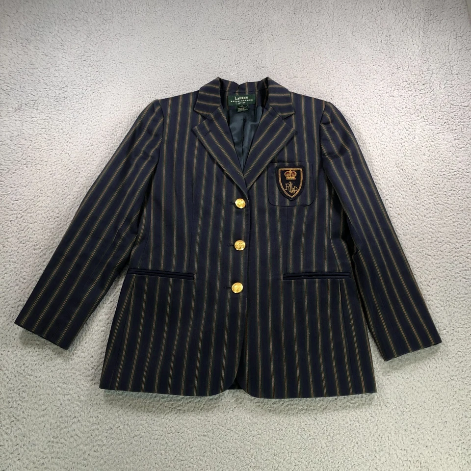 Lauren Ralph Lauren Blazer Womens 8 Petite Navy Blue Striped Crest Gold Button - Image 2 of 4