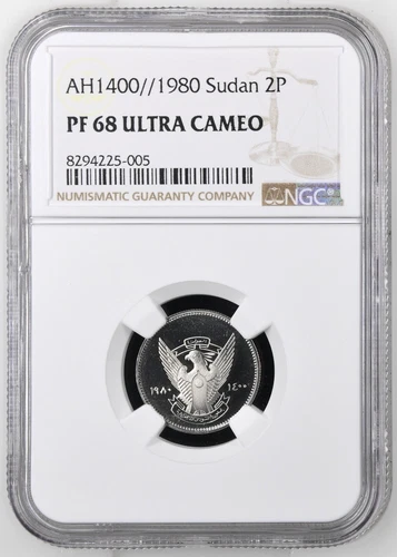 1968 Sudan AH1400 PROOF 2 Qirsh Piastre Copper-Nickel NGC PF68 Ultra Cameo