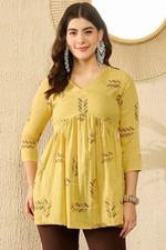 Indian Women BEAUTIFUL Cotton Yellow Floral Printed Top Tunic Kurta Kurti Dress