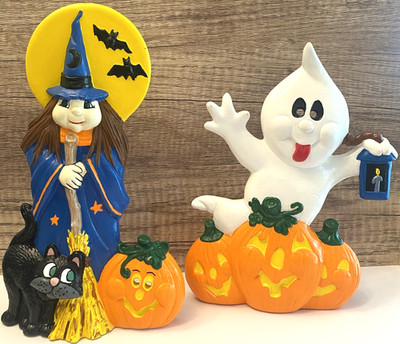 Set of 2 Halloween Ceramic Hobbyist Figurines Witch Ghost Jack O Lanterns Decor 