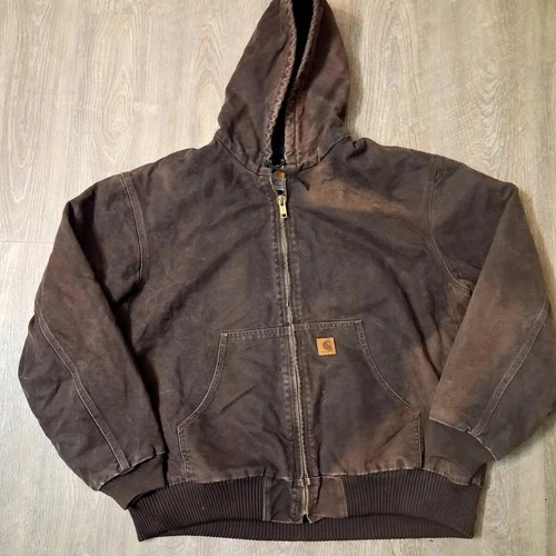 Carhartt Hooded Work Jacket Full Zip Brown Thrashed Distressed Sun Faded 2XL - product listing photo