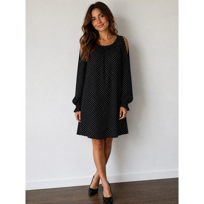 Old Navy Shift Dress Womens M Black Polka Dot Cold Shoulder Classic Mod Office