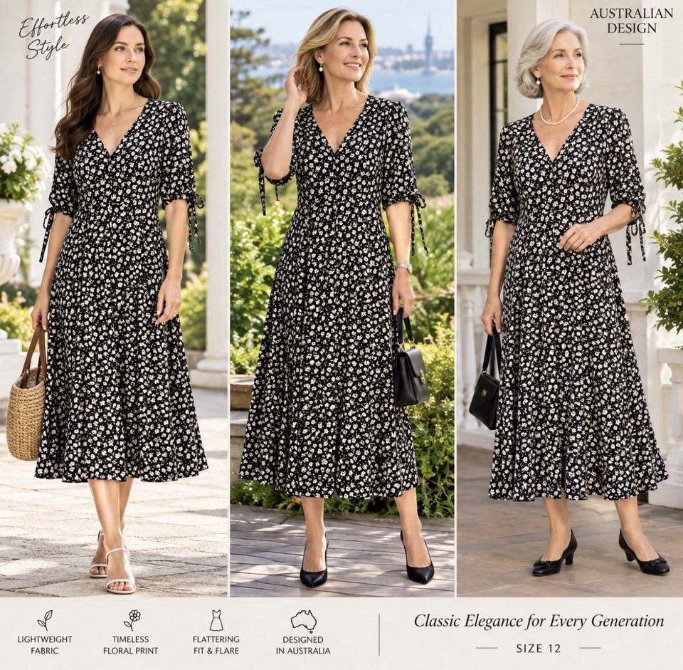Showpo Black/White Floral V-Neck Fit & Flare Midi Dress AU 12 Polyester