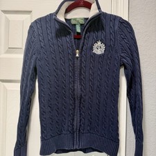 L-RL Ralph Lauren Active Blue Logo Cotton Cable Knit Zip Up Cardigan Sweater MED