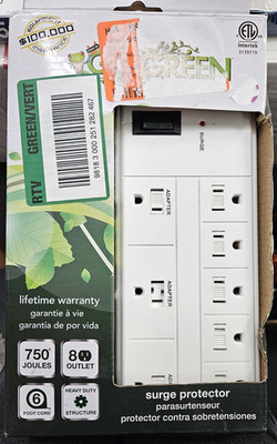 Go Green 8-Outlet Surge Protection Strip White 6' Cord