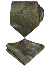 Mens Colorful Paisley Necktie and Pocket Square Sets, Avocado Green