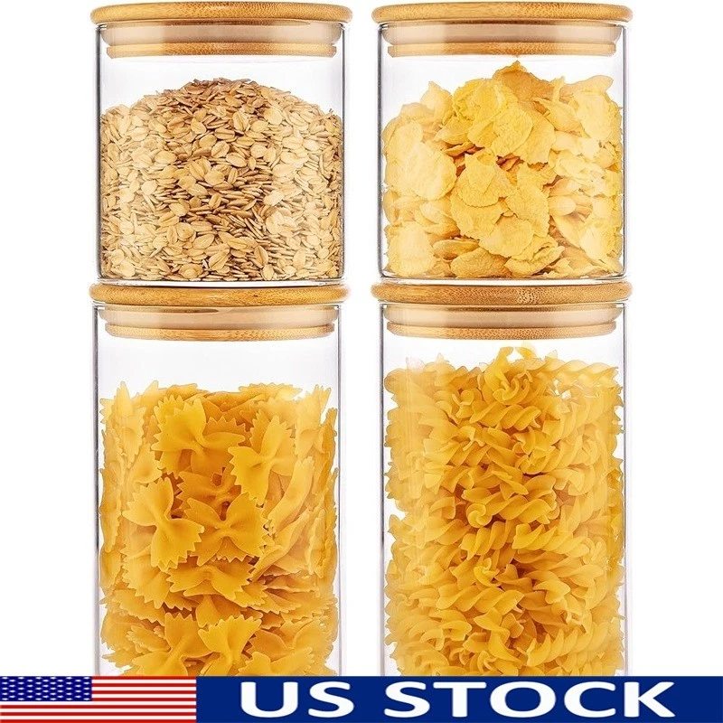 Airtight Glass Storage Jars Set W/ Bamboo Lids Kitchen Food Containers 4 Pack US