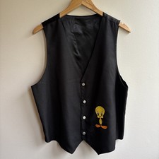 Tweety Bird Vest L Black Embroidered Looney Tunes Acme 90s Vintage Nostalgic