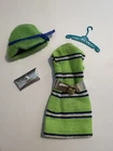 Vintage Barbie Now Knit  green & blue dress with Belt, Hat , Hanger, Purse #1452