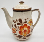 MCM Vtg Brown Ceramic Speckled Lidded Tea Coffee Pot Orange Floral Pattern Japan