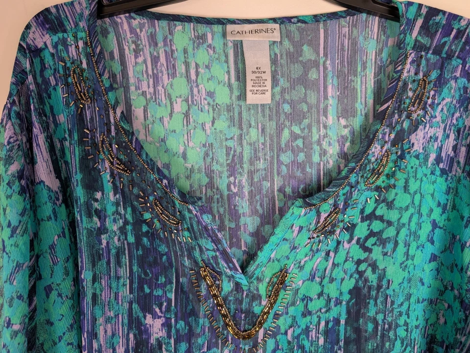 Catherines 4X Top Popover Azul Verde Semi Transparente Cuentas Cuello en V Ligero Fluido Foto 3 de 4