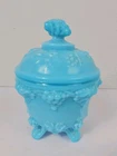 Vintage Portieux Vallerysthall France Blue Milk Glass Opaline Candy Bowl w/ Lid