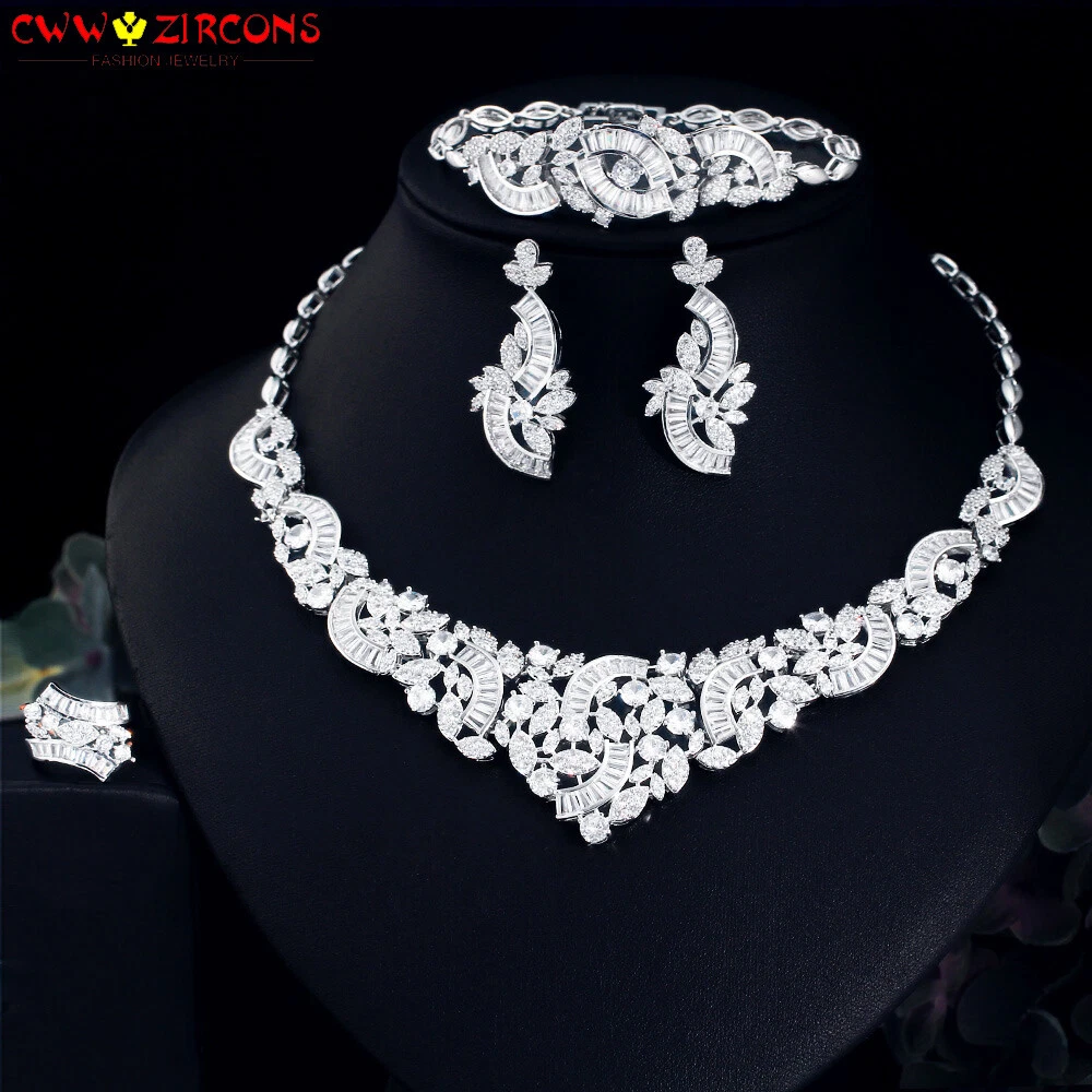 White Gold Plated CZ Bridal Necklace Dubai Wedding Party Costume