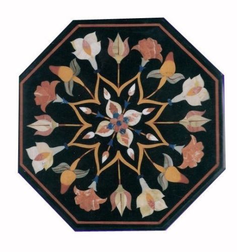 Handmade 18-inch marble side table with semi-precious stone floral inlay