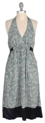BCBG Dress 6 Silk Mint Green & Navy Geo-Print Tie-Waist Mini Halter | eBay
