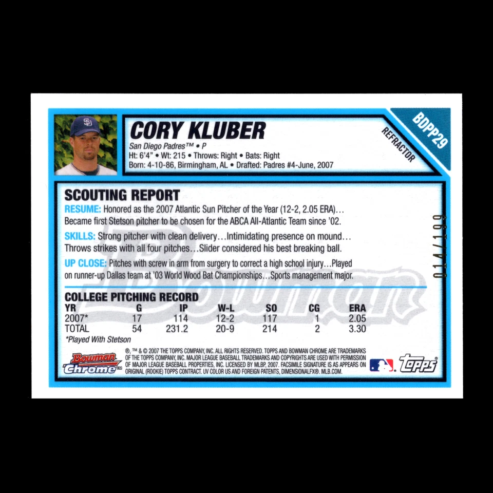 Bowman Chrome Corey Kluber 2007 selecciones de draft primer refractor azul #BDPP29 RC/199 Foto 2 de 2