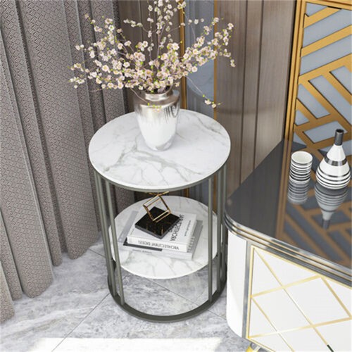 FATIVO Marble Side End Table Round Coffee Table Raised Black Legs Furniture Deco - Picture 2 of 14