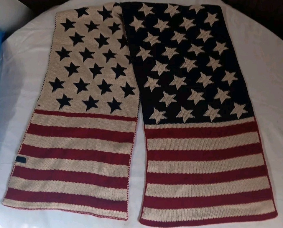 Patriotic Knit Scarf Unisex Reversible Red White Blue Stars Stripes