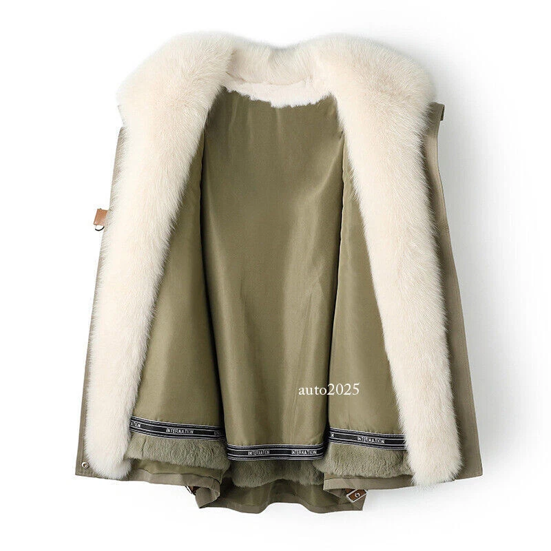 OFF WHITE Giacca pelliccia di volpe 100% donna pelliccia lunga con cappuccio Rex fodera pelliccia di coniglio cappotti invernali