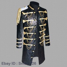 Men Shiny Sequin Long Tuxedo Suit Jacket Party Showman Stand Collar Coat Top Fit