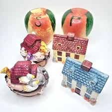 Big Apple Fruit Noah's Hallmark 2-Story Cottage Salt & Pepper Shaker Lot/3 Sets