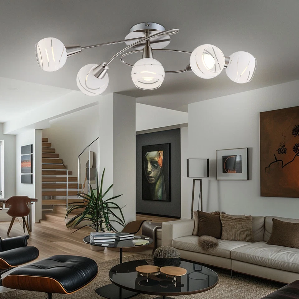 Plafoniera Lampada Letto 5 Fiamma Vetro Satinato Trasparente LED - Immagine 3 di 4