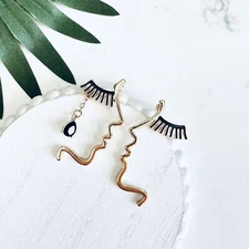 Face Silhouette Big Eyelashes Gold Earrings Crystal Jewelry Bohemian Boho NEW