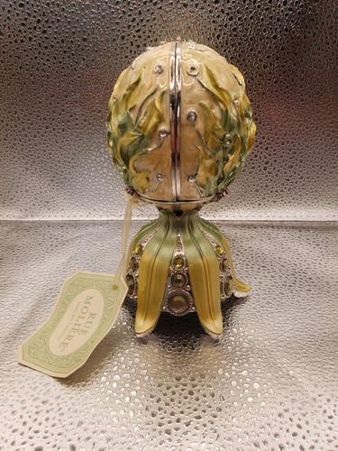 VINTAGE Rue Moliere Gilt Jeweled Enamel Hinged Egg Music Box + Jeweled Basket - Picture 2 of 6