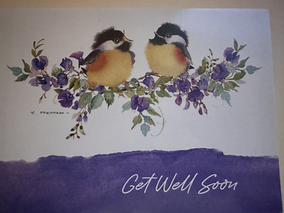 ''Get Well Soon'' - two colorful birds on a flower branch -- Approx 4.75'' X 6.25''