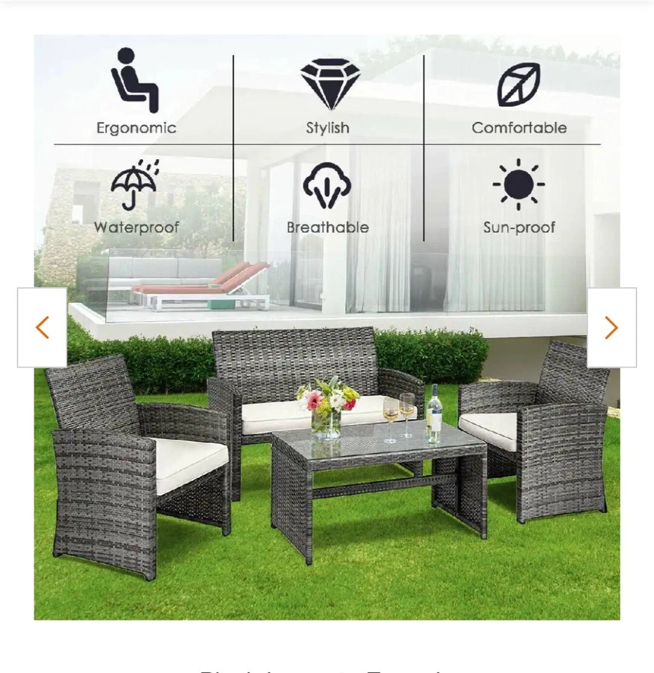 Juego de conversación de patio de mimbre de ratán gris mezclado de 4 piezas con cojines beige blanco  Foto 3 de 4