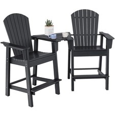 2 Pack Tall Plastic Adirondack Chairs with Middle Tray Umbrella Slot Black