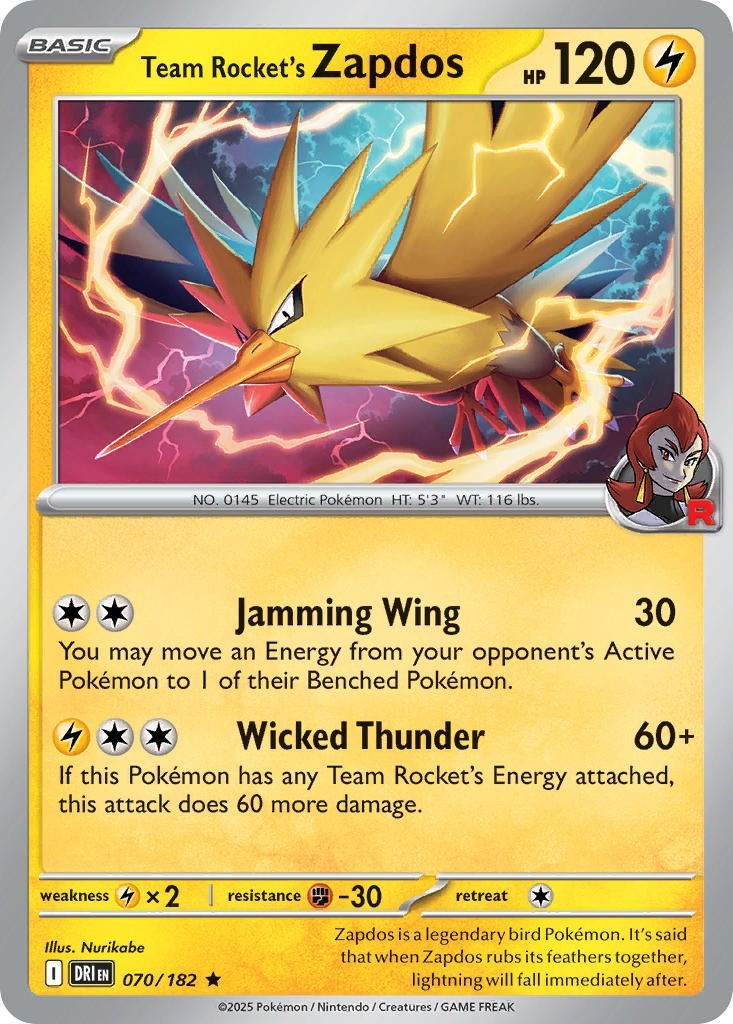Pokemon TCG Team Rocket's Zapdos 70/182 Destined Rivals Holo NM