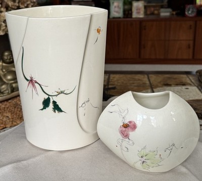 PAIR Barbara Baatz USA Pottery Blossom Art Vases Signed Mid Century Modern, VTG