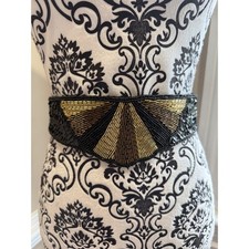 Vintage Art Deco Style Beaded Sequin Elastic Waist Belt Gold Black Sunburst M L
