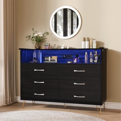 6-Drawer Dresser w/ LED Lights &USB Charging Station Modern Wide Storage Tower