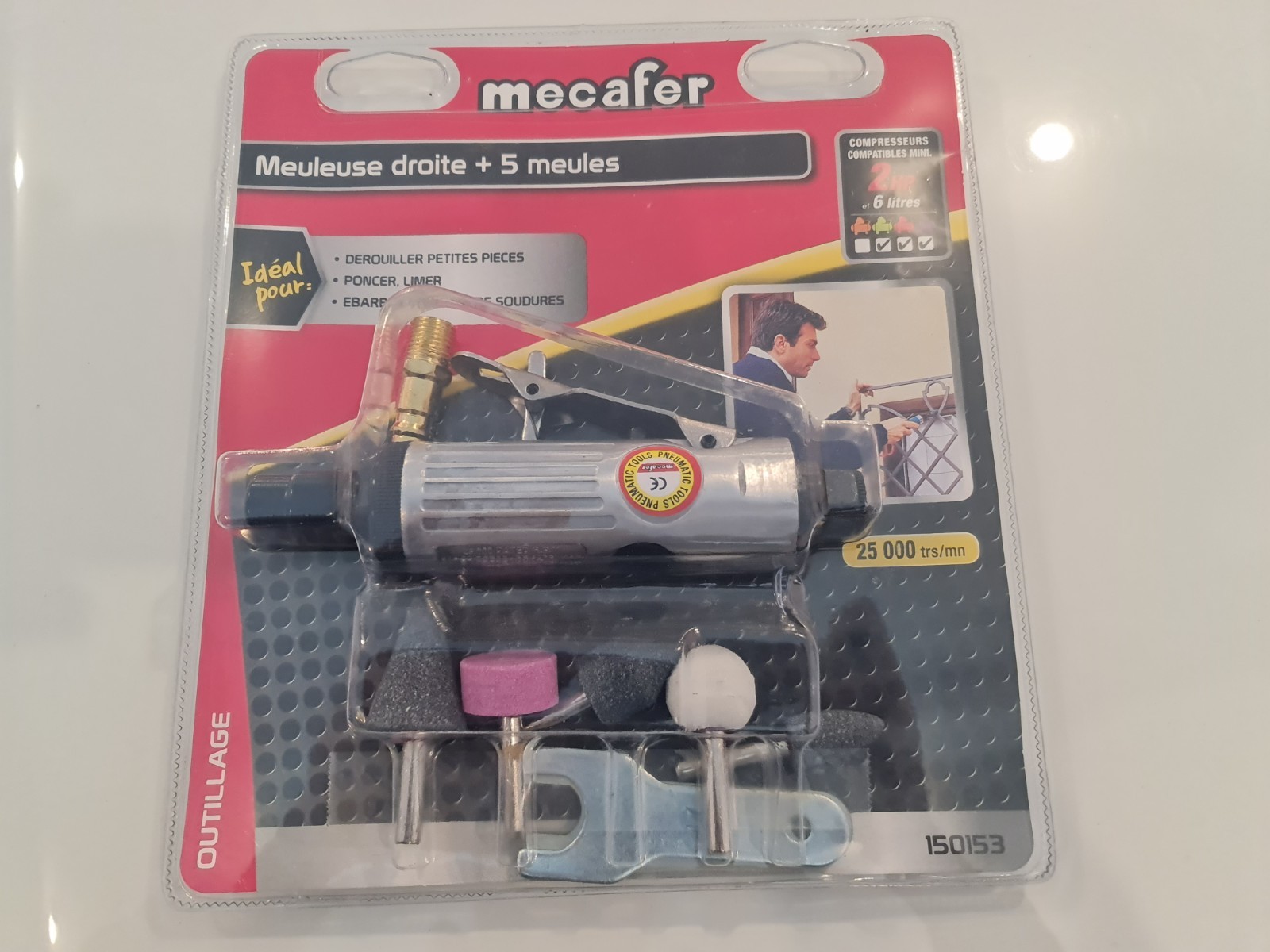 Meuleuse droite pneumatique 150153 Mecafer pour meulage et ponçage avec 5 accessoires