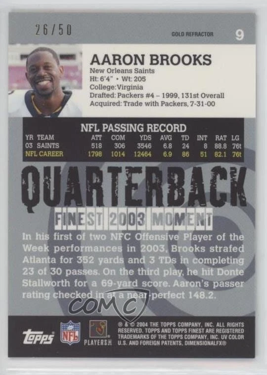 2004 Topps Finest Gold Refractor /50 Aaron Brooks #9 - Image 2 of 2