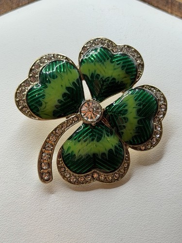Vtg Napier Enamel 4 Leaf Clover Silver Tone Rhinestone Brooch. Good Luck. B2-43