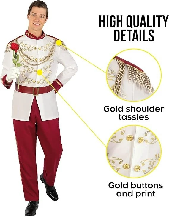 Men`s White Prince Charming Costume Adult Storybook Fairy Tale Royal Uniform - Image 3 of 4
