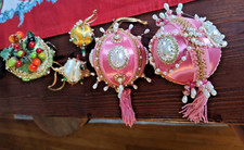 5 - Vintage Push Pin Ornament Satin Ball Sequin Bead 3 Medium Handmade 2 small